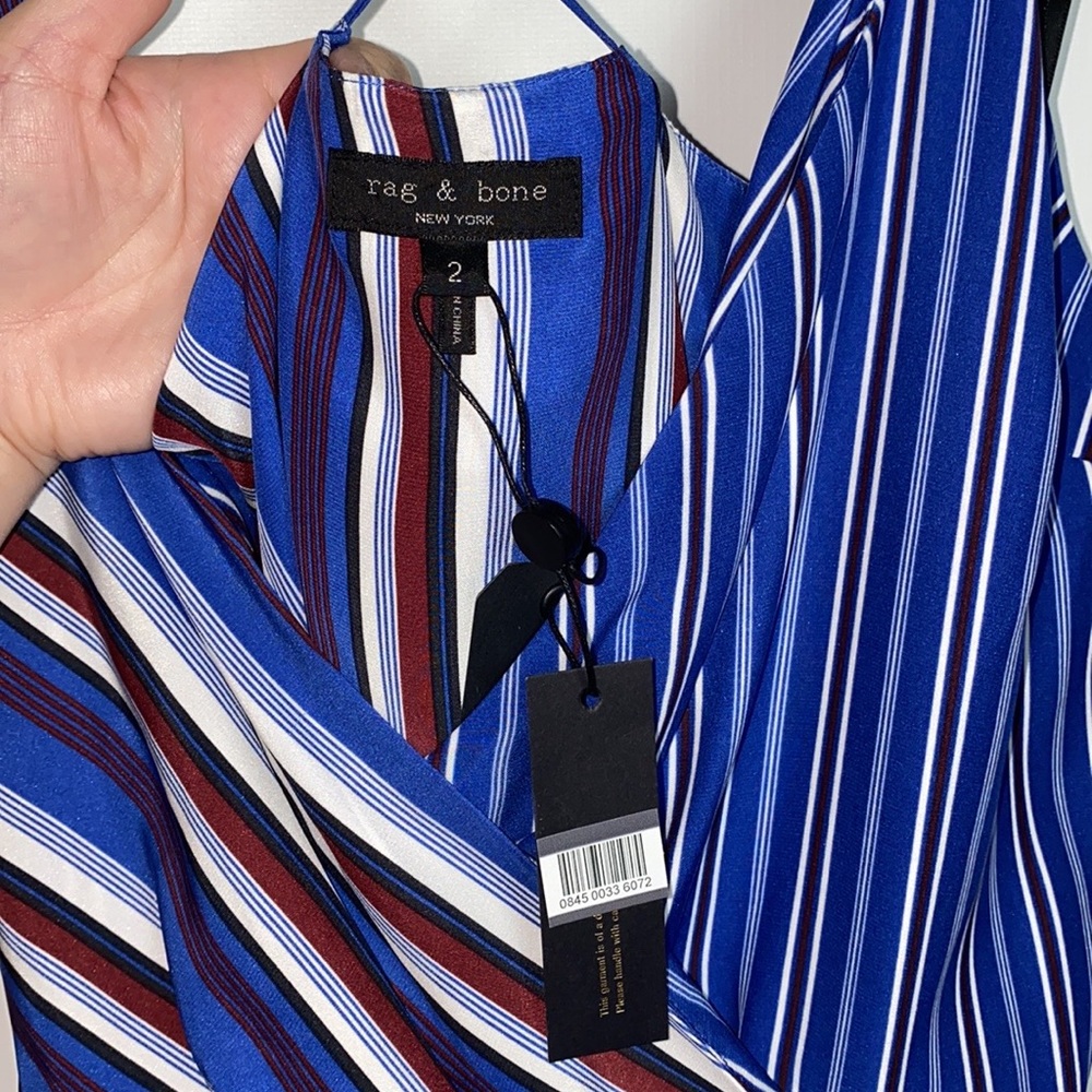 NEW Rag & Bone Felix Striped Blue Silk V Neck Jumpsuit $595 Size 0 - Picture 5 of 13